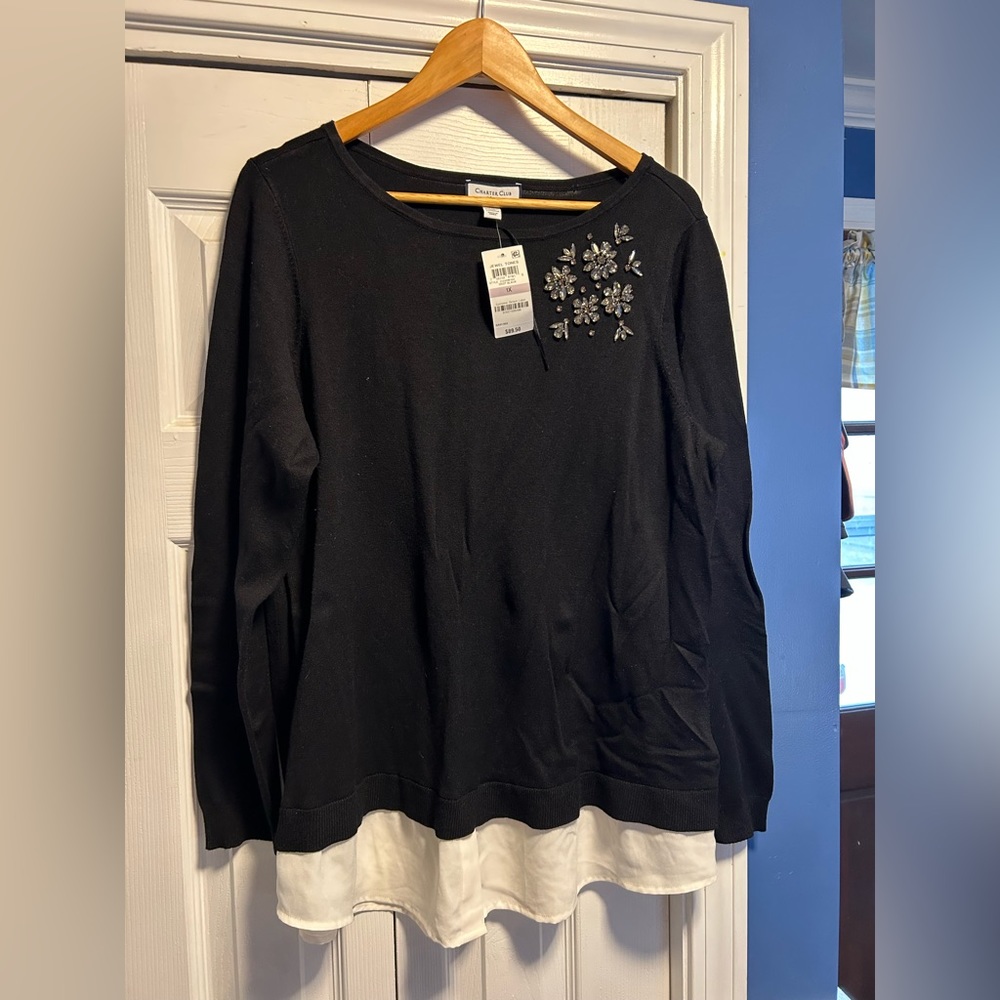 NWT mixed media black top with white blouse hem and jewels near neckline.